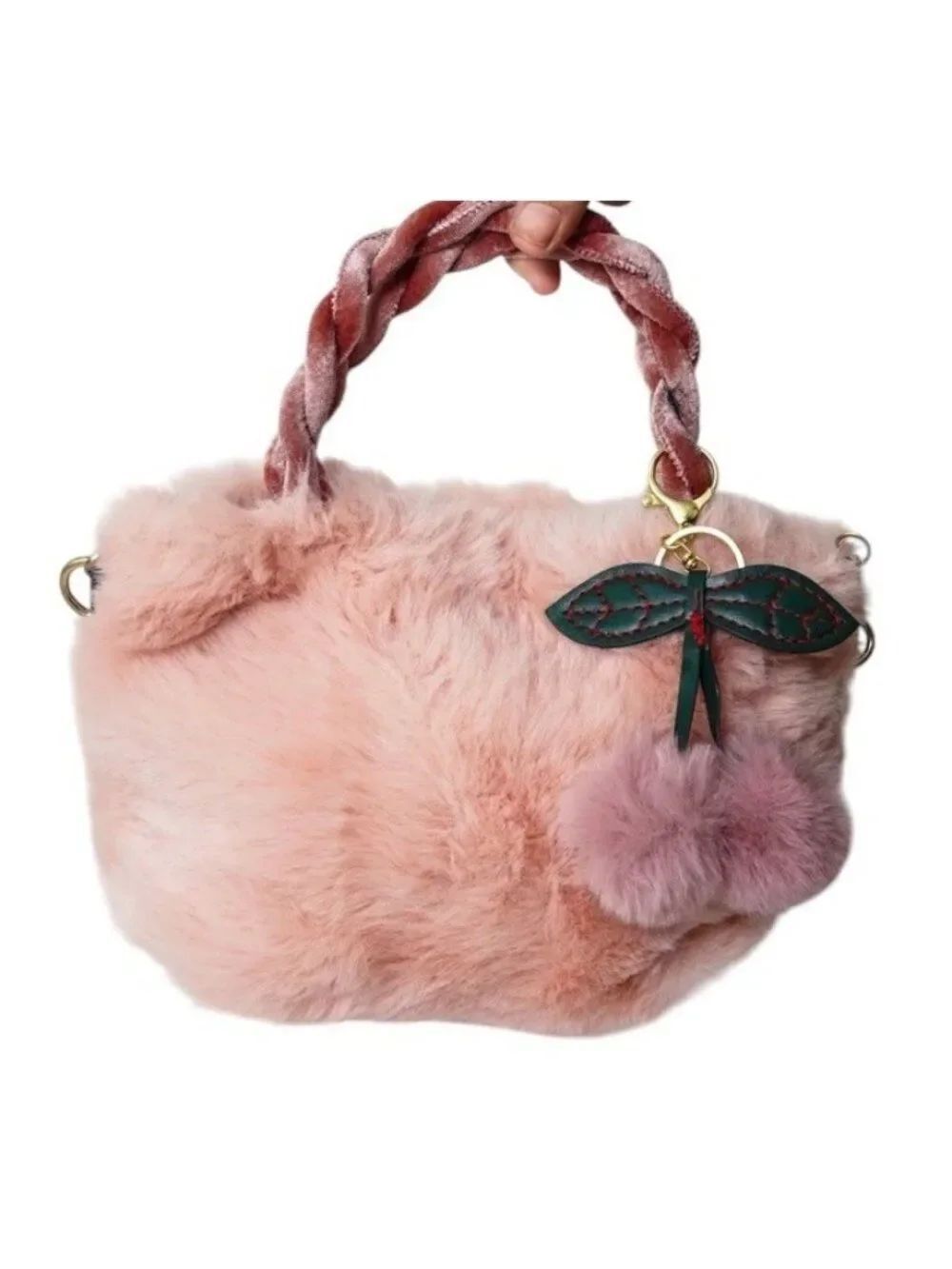 Plush Faux Fur Pink Cherry Handbag Shoulder Bag or Chain Link Crossbody New